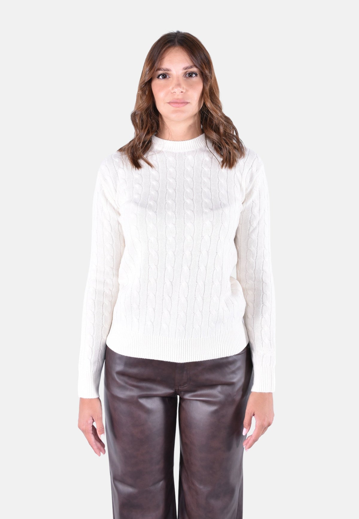 SORBONNE BRAID WOOL ROUNDNECK CABLE KNIT SWEATER