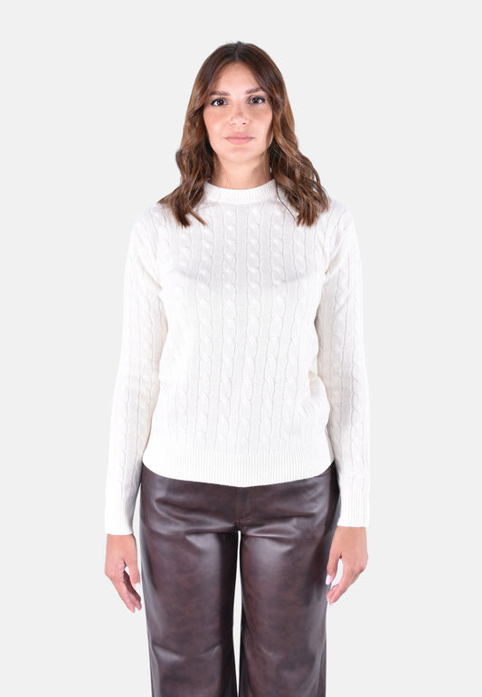 SORBONNE BRAID WOOL ROUNDNECK CABLE KNIT SWEATER