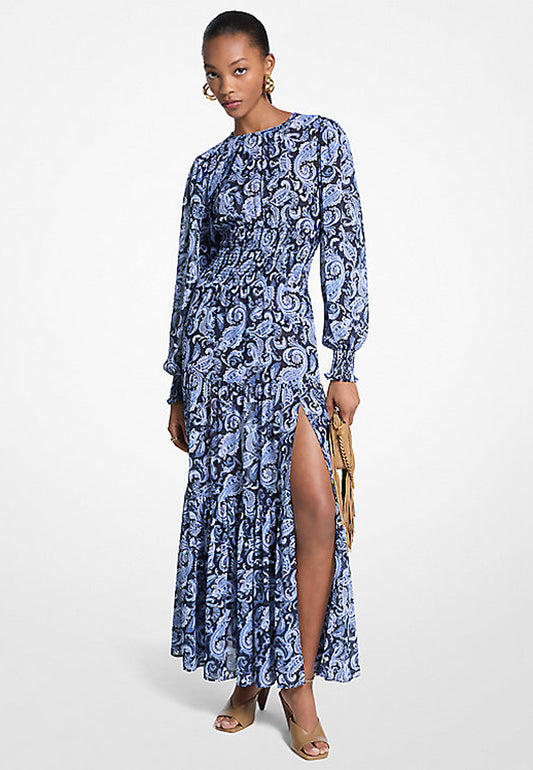 MAXI ABITO IN GEORGETTE ARRICCIATO CON STAMPA PAISLEY