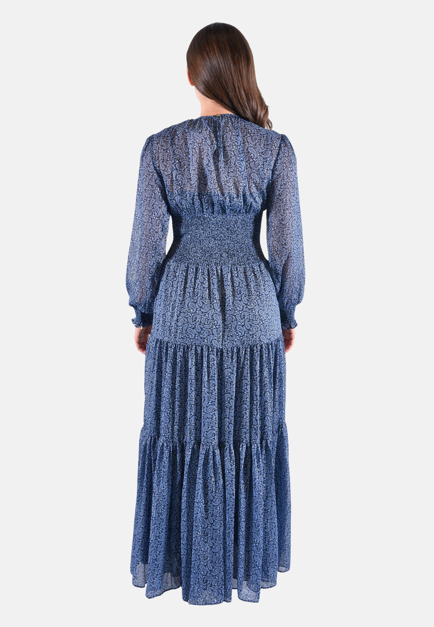 MAXI ABITO IN GEORGETTE ARRICCIATO CON STAMPA PAISLEY