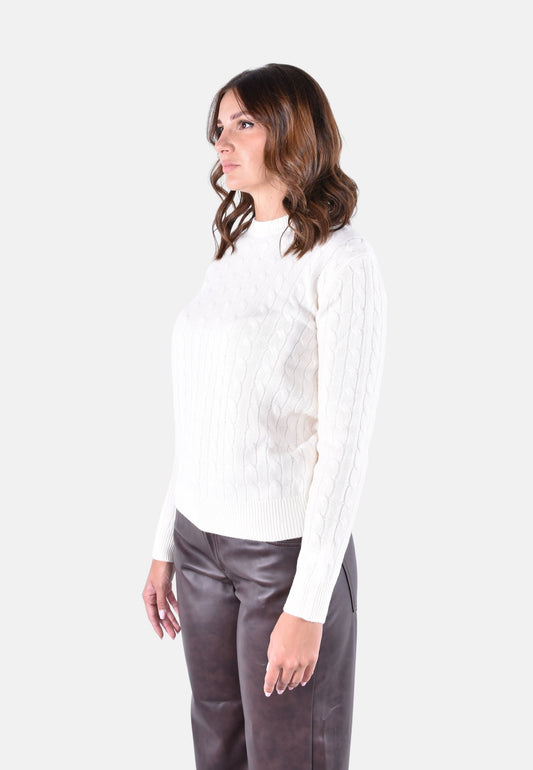 SORBONNE BRAID WOOL ROUNDNECK CABLE KNIT SWEATER