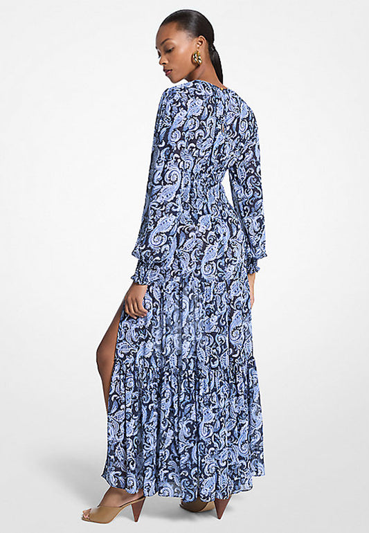MAXI ABITO IN GEORGETTE ARRICCIATO CON STAMPA PAISLEY